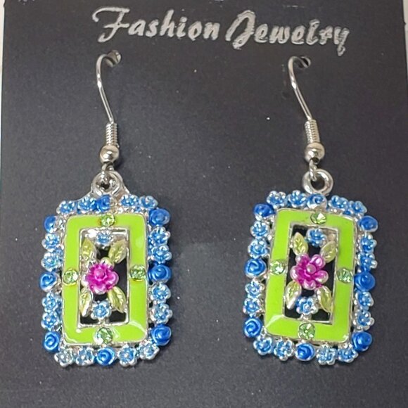 Silver tone Rectangular Flower Colorful Crystal Fishhook Drop Earrings - Picture 1 of 6